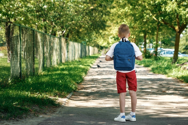 Un ragazzo di una scuola elementare con uno zaino per strada