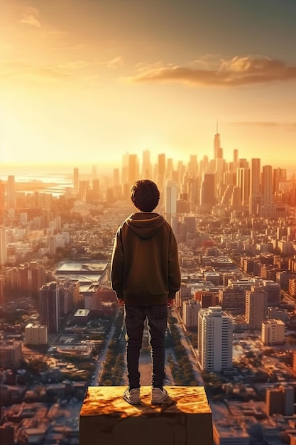 Boy in front of big city new life concept photo realistic