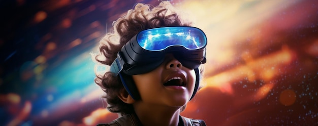 未来的なVRグーグルの少年は宇宙のバナーのような気持ちで世界を探検しています