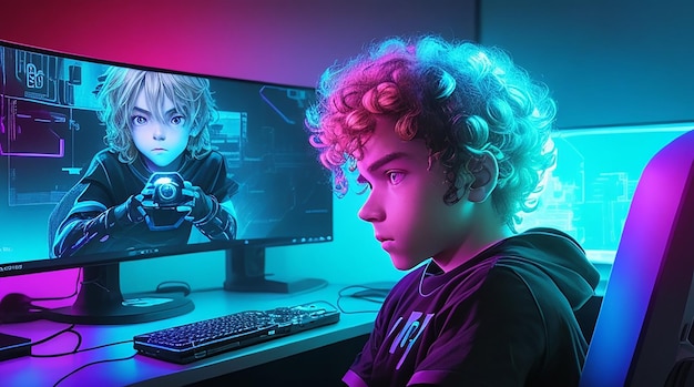 Boy gamer with his full streaming setup