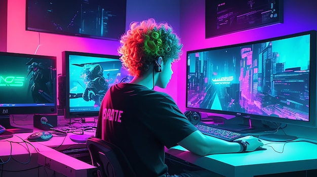 boy gamer with his full streaming setup