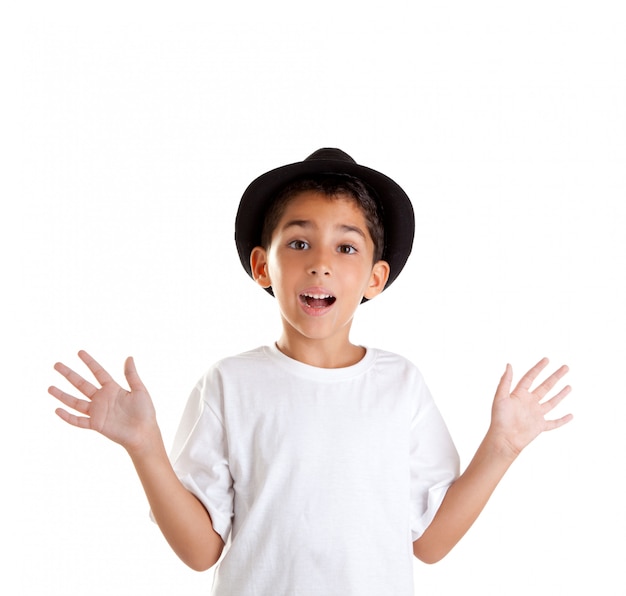 boy gesture with black hat isolated on white background