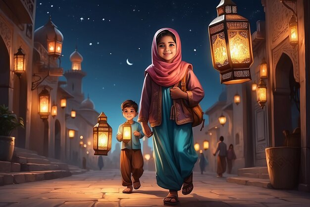 Boy and Girl are carrying Ramadan Lanterns