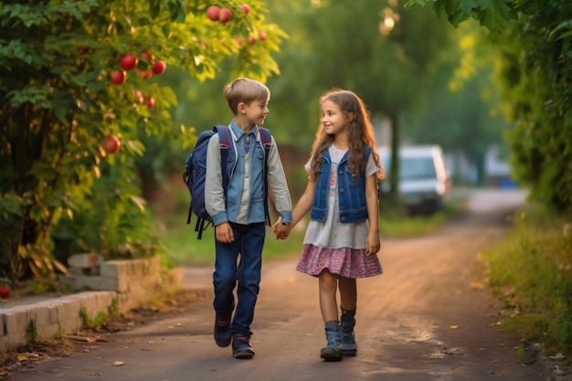 A boy and girl are holding hands and walking together back to school