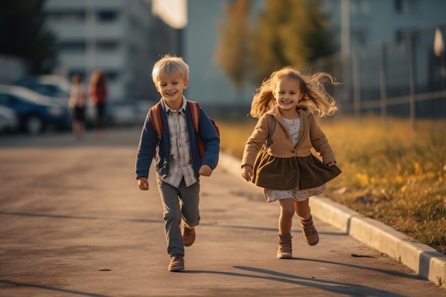 A boy and girl are holding hands and walking together back to school