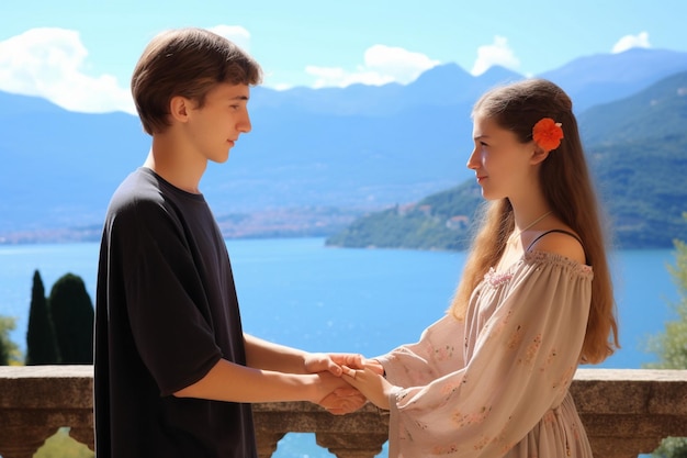 a boy and girl are holding hands with mountains in the background.