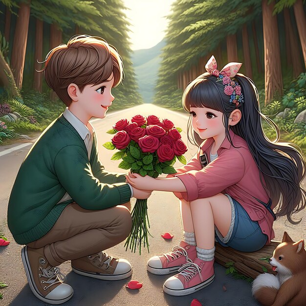 a boy and girl are looking at a bouquet of roses