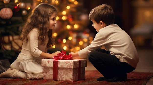 A boy and girl are looking at a christmas present.