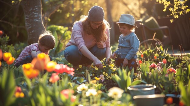 A boy and a girl are picking flowers in a garden aig