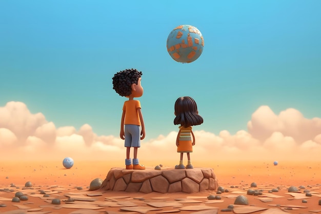 Мальчик и девочка играют в мяч в пустыне.