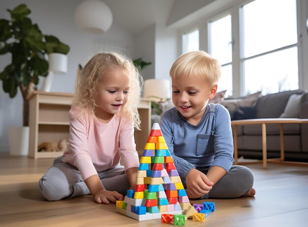 Мальчик и девочка играют с строительными блоками