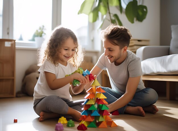 Foto un ragazzo e una ragazza stanno giocando con i blocchi da costruzione