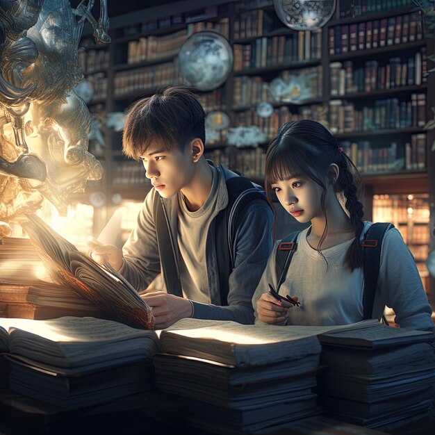 a boy and girl are reading a book in front of books