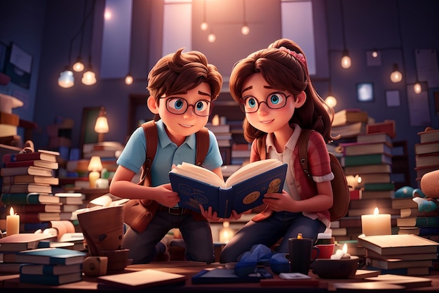 Boy and girl are reading books on a stack of books