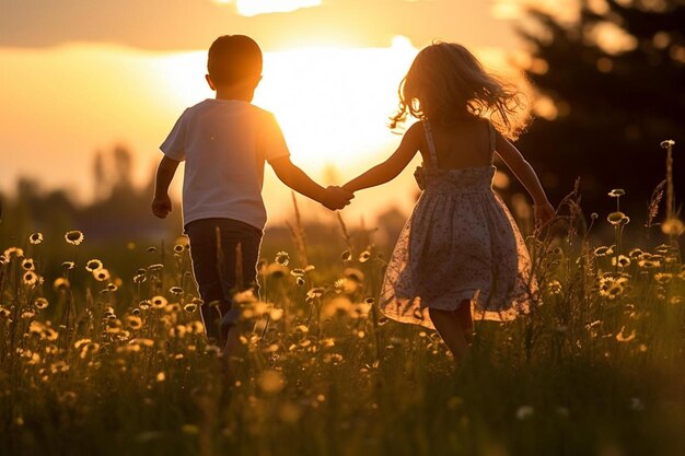 Photo a boy and girl are running in a field with dandelions