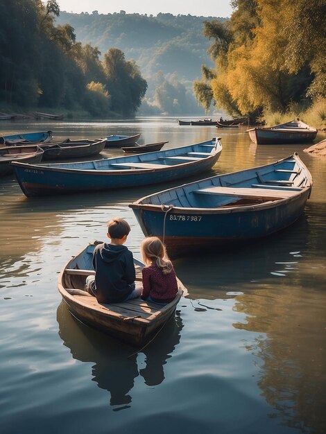 A boy and a girl are sitting between the boats in the river