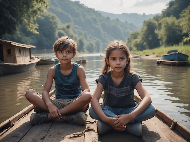 한 소년과 한 소녀가 강에서 보트 사이에 앉아 있습니다.
