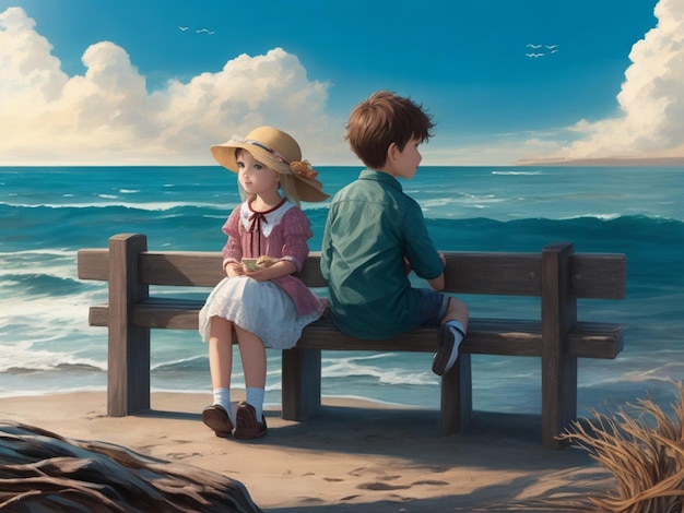 A boy and a girl are sitting on the shore of the sea