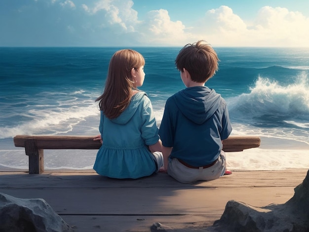 A boy and a girl are sitting on the shore of the sea