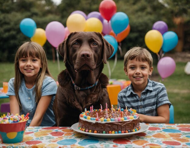 мальчик и девочка сидят за столом с воздушными шарами и собакой