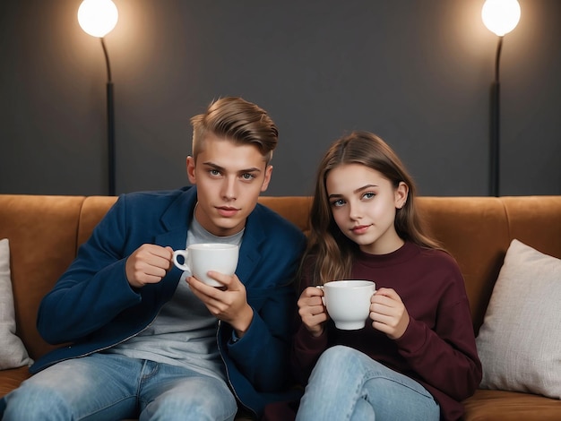 Boy and girl are sitting with coffee in hand