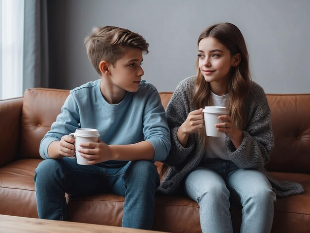 Boy and girl are sitting with coffee in hand