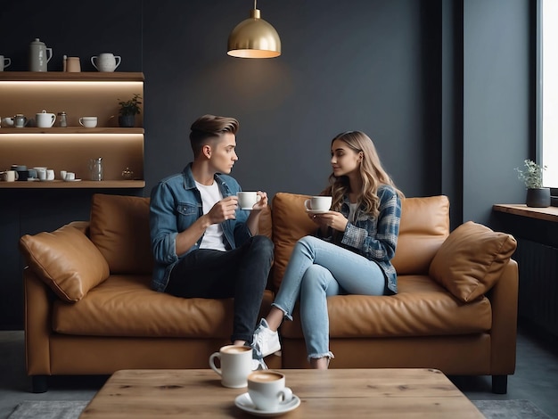 Boy and girl are sitting with coffee in hand