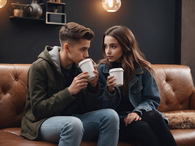 Photo boy and girl are sitting with coffee in hand