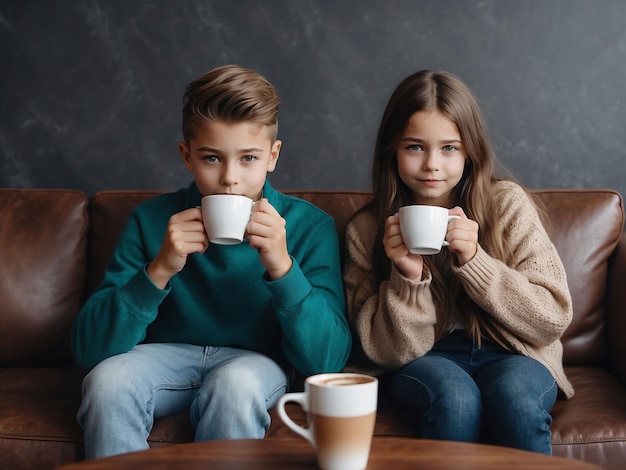 男の子と女の子は手にコーヒーを持って座っています