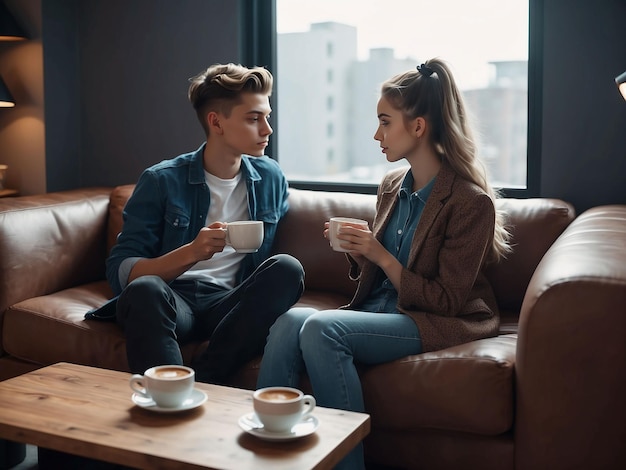 Boy and girl are sitting with coffee in hand