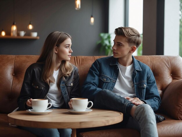 男の子と女の子は手にコーヒーを持って座っています