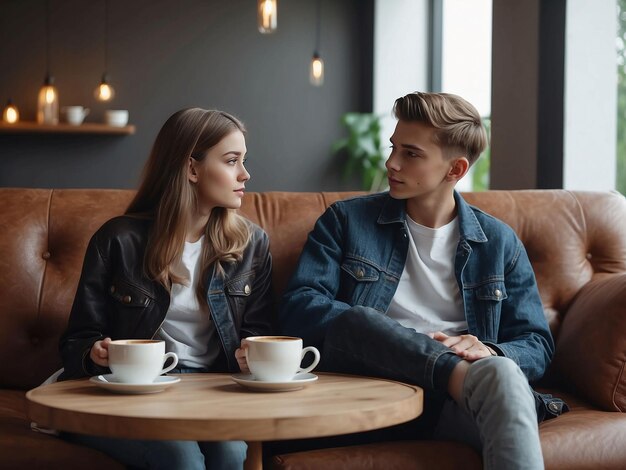 Boy and girl are sitting with coffee in hand