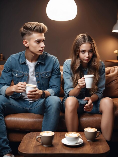 Boy and girl are sitting with coffee in hand