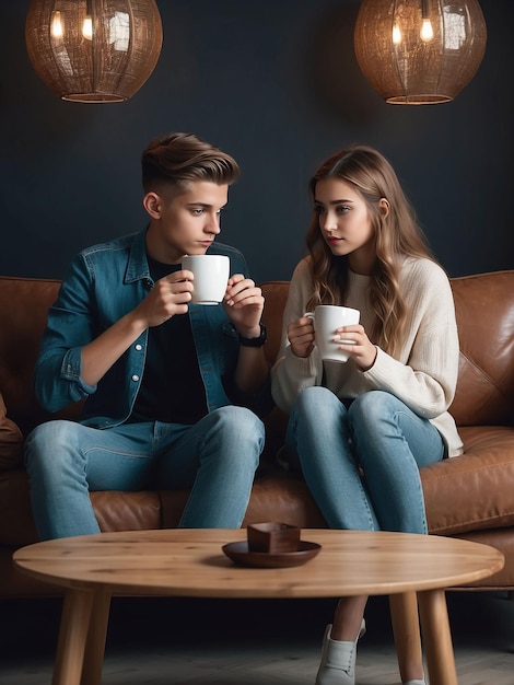 Boy and girl are sitting with coffee in hand