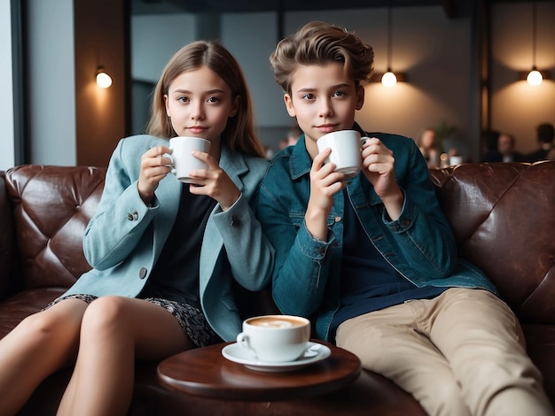 Boy and girl are sitting with coffee in hand