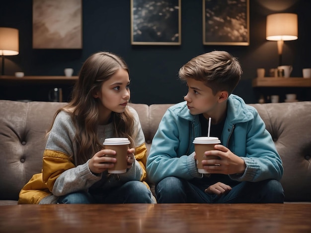 Boy and girl are sitting with coffee in hand