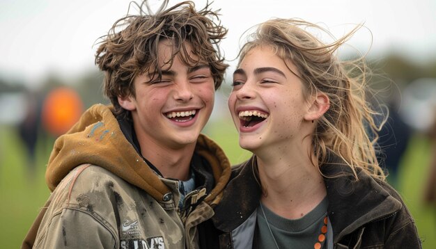 a boy and girl are smiling and laughing together