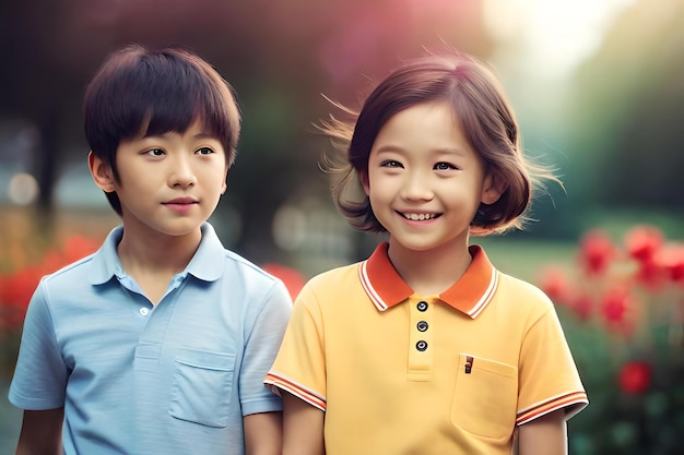 A boy and girl are smiling and looking at the camera.