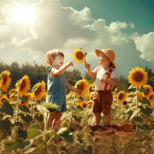 a boy and a girl are standing in a field of sunflowers.