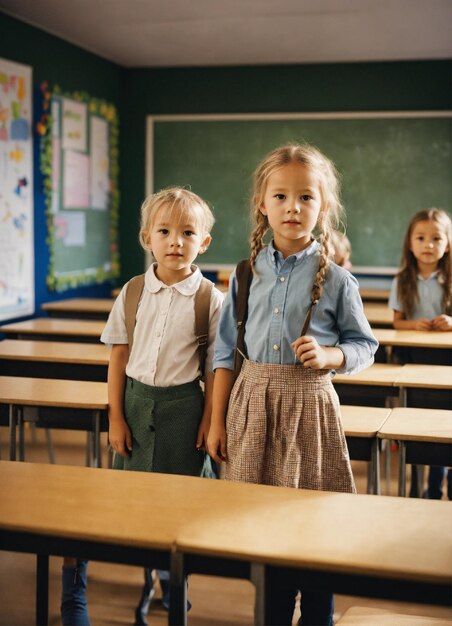 男の子と女の子がチャークボードの前に立っています