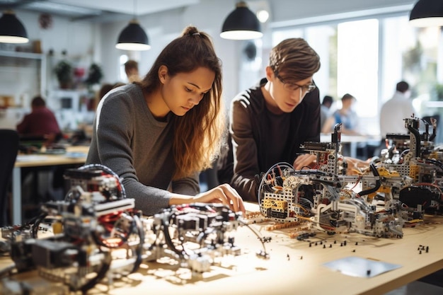 a boy and girl are working on a robot made by the engineer