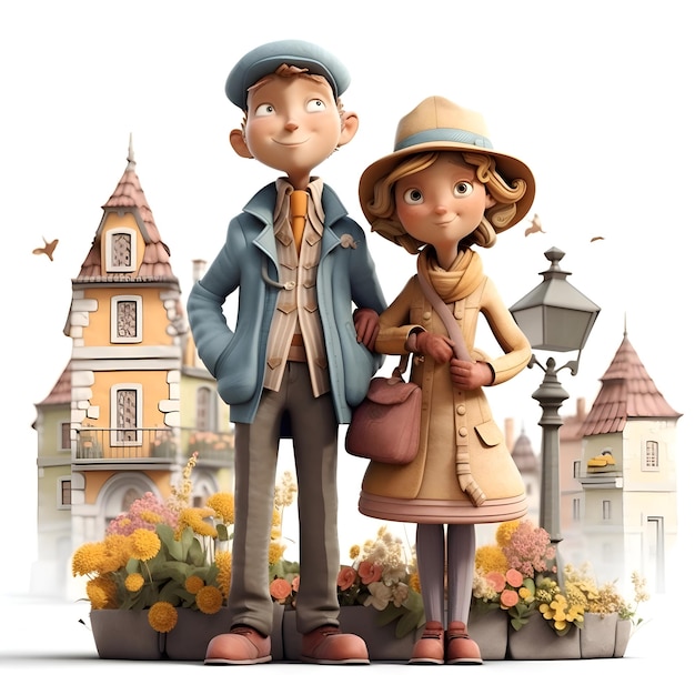 Boy and girl on the background of the old town 3D illustration