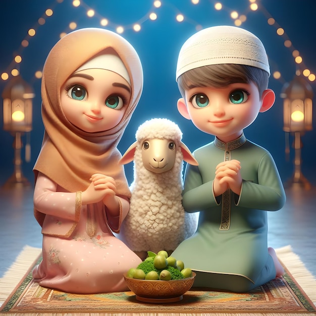 Boy and girl cartoon Eid Aladha Mubarak ai generator