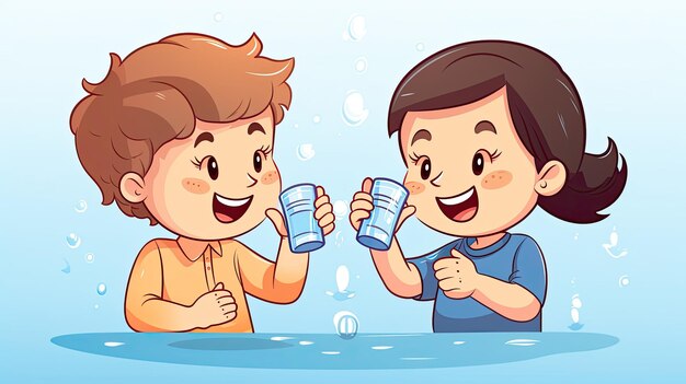 물 한 잔 을 마시는 소년과 소녀 가  ⁇ 은 선 스타일 의 그림 으로 손 으로 그려져 있다