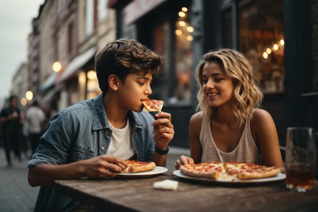 A boy and girl eat delicious meet pizza with white cheese accompanied with a glass of whiskey