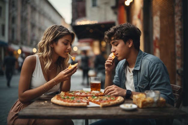 A boy and girl eat delicious meet pizza with white cheese accompanied with a glass of whiskey