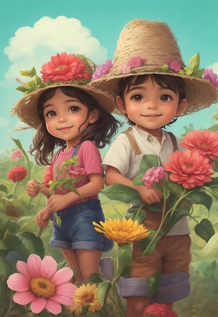 a boy and girl in a field of flowers