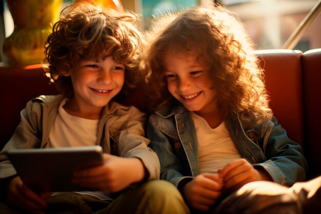 Foto ragazzo e ragazza che si divertono con un tablet