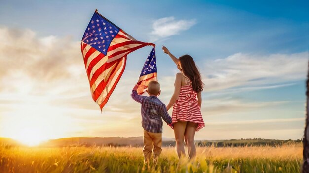 a boy and a girl hold a flag in a field with the sun behind them