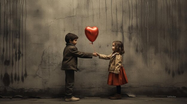 A boy and girl holding a red heart balloon